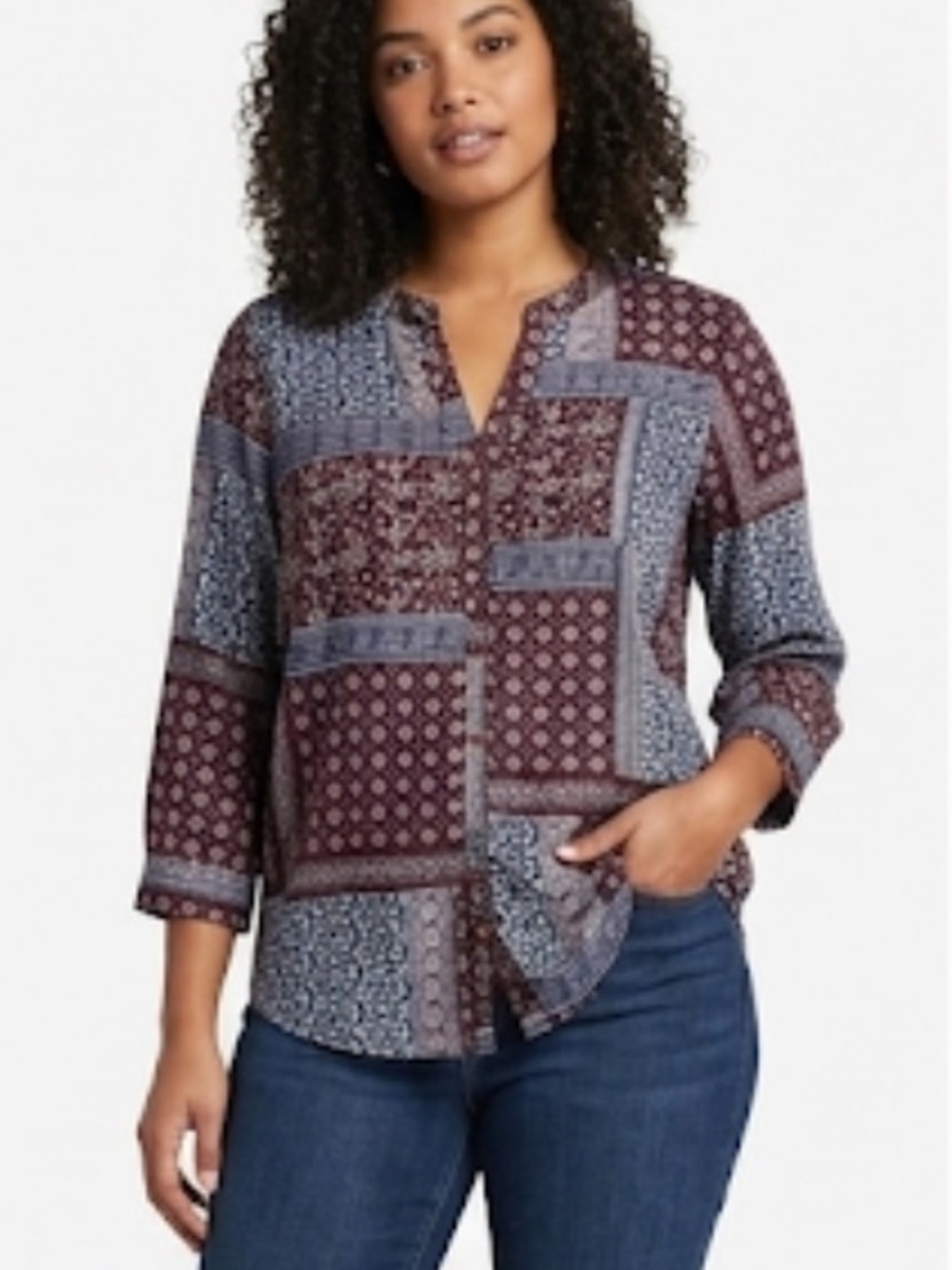 NWT Tantrums patchwork 3/4 quarter sleeve button down top front size L